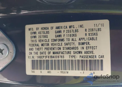 2011 Honda Accord 3.5 Ex-L z USA, uszkodzony, nr VIN 1HGCP3F83BA009765